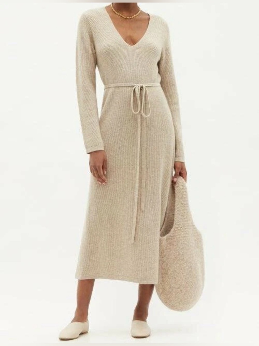 Co. Wool Cashmere Belted Ribbed Midi Sweater Dress Taupe Size S NWOT